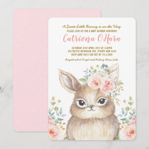 Kawaii Woodland Bunny Pink Floral Girl Baby shower Kaart