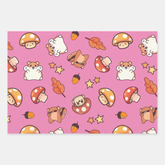 Kawaii Woodland Dieren en Paddenstoelen Patroon Inpakpapier Vel (Voorkant 2)