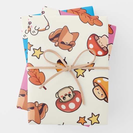 Kawaii Woodland Dieren en Paddenstoelen Patroon Inpakpapier Vel (In situ)