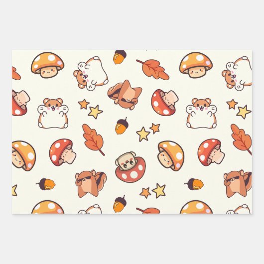 Kawaii Woodland Dieren en Paddenstoelen Patroon Inpakpapier Vel (Voorkant)