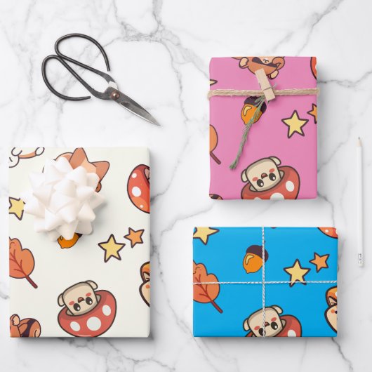 Kawaii Woodland Dieren en Paddenstoelen Patroon Inpakpapier Vel (Voorkant)