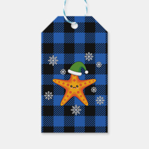 Kawaii Xmas Zeester op Blauw Buffel Patroon Cadeaulabel