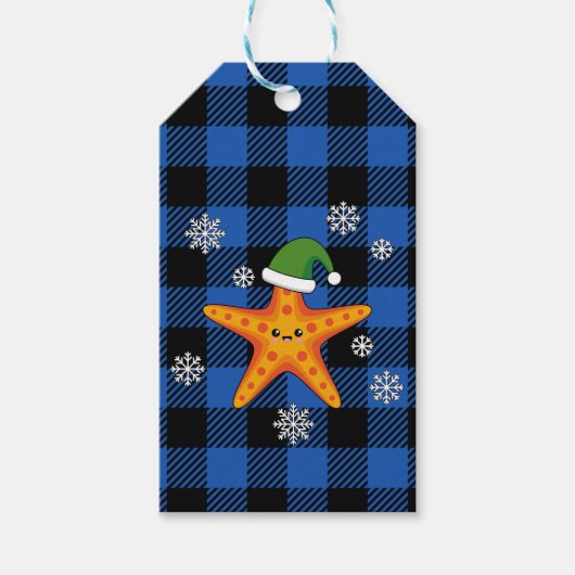 Kawaii Xmas Zeester op Blauw Buffel Patroon Cadeaulabel (Voorkant)