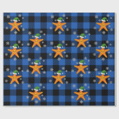Kawaii Xmas Zeester op Blauw Buffel Patroon Cadeaupapier (Vlak)