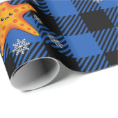 Kawaii Xmas Zeester op Blauw Buffel Patroon Cadeaupapier (Rol Hoek)