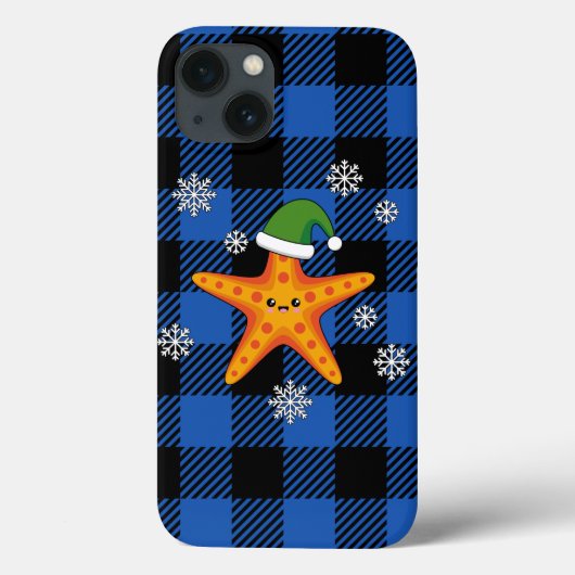 Kawaii Xmas Zeester op Blauw Buffel Patroon Case-Mate iPhone Case (Achterkant)