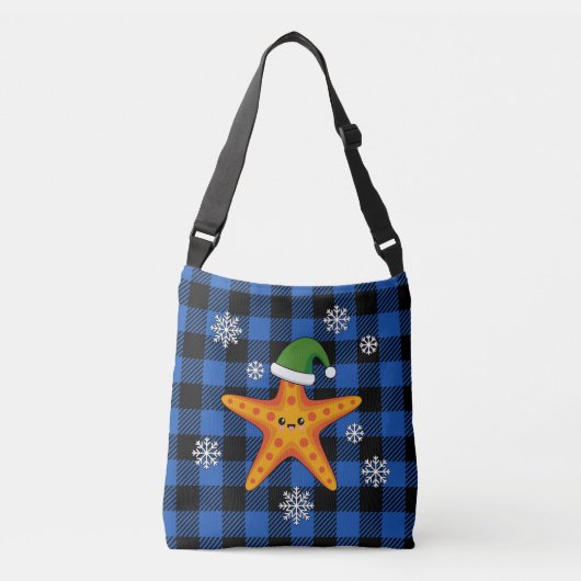 Kawaii Xmas Zeester op Blauw Buffel Patroon Crossbody Tas (Voorkant)