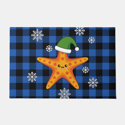 Kawaii Xmas Zeester op Blauw Buffel Patroon Deurmat (Voorkant)