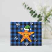 Kawaii Xmas Zeester op Blauw Buffel Patroon Feestdagenkaart (Staand voorkant)