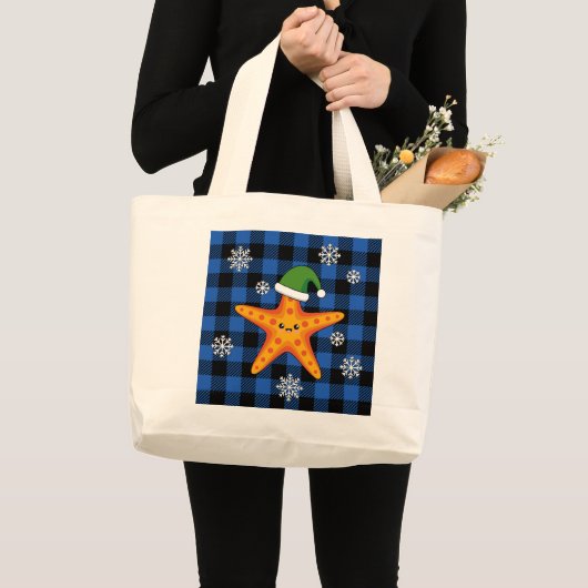 Kawaii Xmas Zeester op Blauw Buffel Patroon Grote Tote Bag (Voorkant (product))