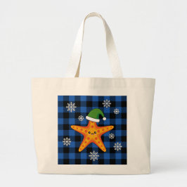 Kawaii Xmas Zeester op Blauw Buffel Patroon Grote Tote Bag