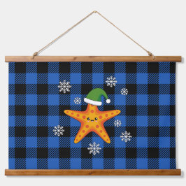Kawaii Xmas Zeester op Blauw Buffel Patroon Hangend Wandkleed