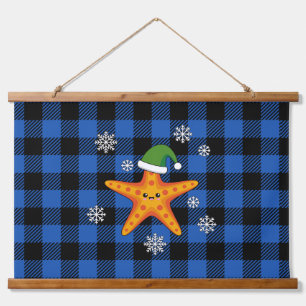 Kawaii Xmas Zeester op Blauw Buffel Patroon Hangend Wandkleed