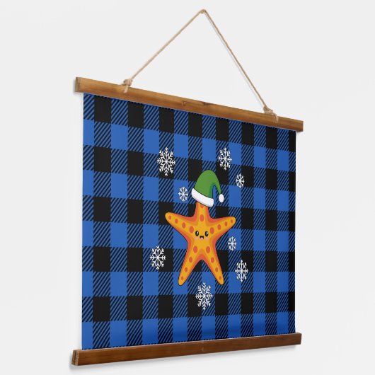 Kawaii Xmas Zeester op Blauw Buffel Patroon Hangend Wandkleed (Gebogen)