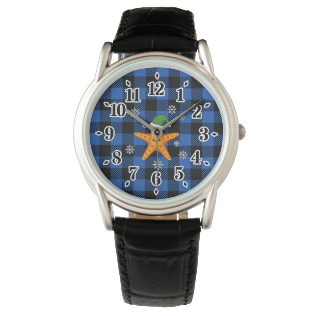 Kawaii Xmas Zeester op Blauw Buffel Patroon Horloge (Voorkant)