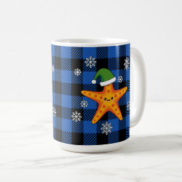 Kawaii Xmas Zeester op Blauw Buffel Patroon Koffiemok