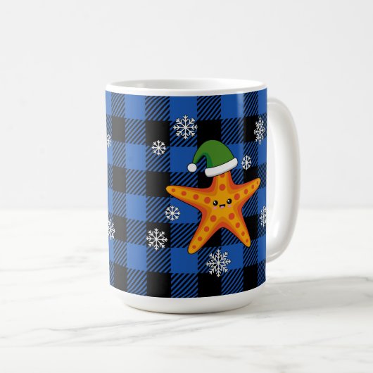 Kawaii Xmas Zeester op Blauw Buffel Patroon Koffiemok (Voorkant rechts)