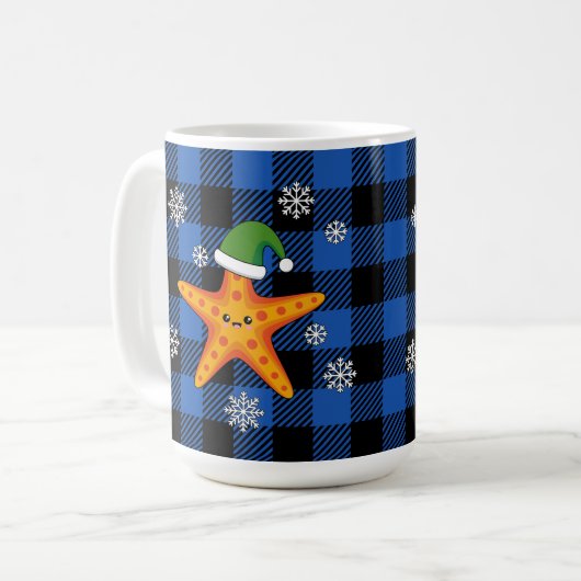 Kawaii Xmas Zeester op Blauw Buffel Patroon Koffiemok (Voorkant links)