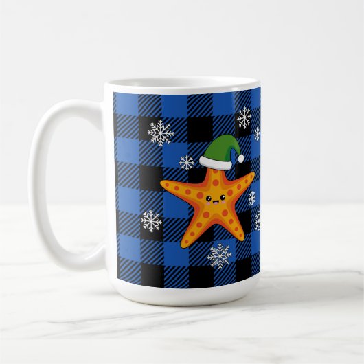Kawaii Xmas Zeester op Blauw Buffel Patroon Koffiemok (Links)