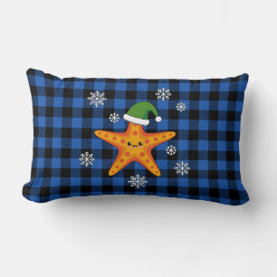 Kawaii Xmas Zeester op Blauw Buffel Patroon Kussen