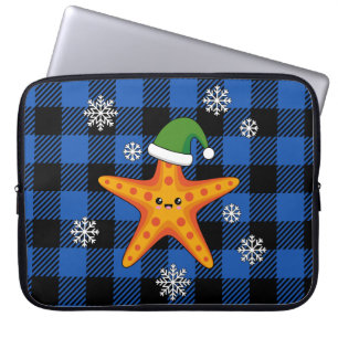 Kawaii Xmas Zeester op Blauw Buffel Patroon Laptop Sleeve