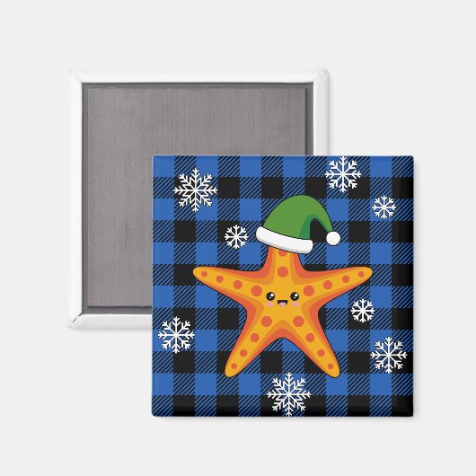 Kawaii Xmas Zeester op Blauw Buffel Patroon Magneet (Voorkant / Achterkant)