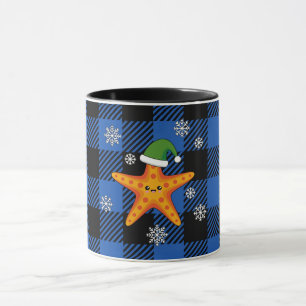 Kawaii Xmas Zeester op Blauw Buffel Patroon Mok