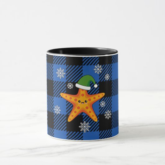 Kawaii Xmas Zeester op Blauw Buffel Patroon Mok (Midden)