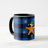Kawaii Xmas Zeester op Blauw Buffel Patroon Mok (Voorkant links)