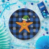 Kawaii Xmas Zeester op Blauw Buffel Patroon Papieren Bordje (Feest)