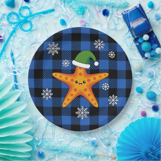 Kawaii Xmas Zeester op Blauw Buffel Patroon Papieren Bordje (Feest)