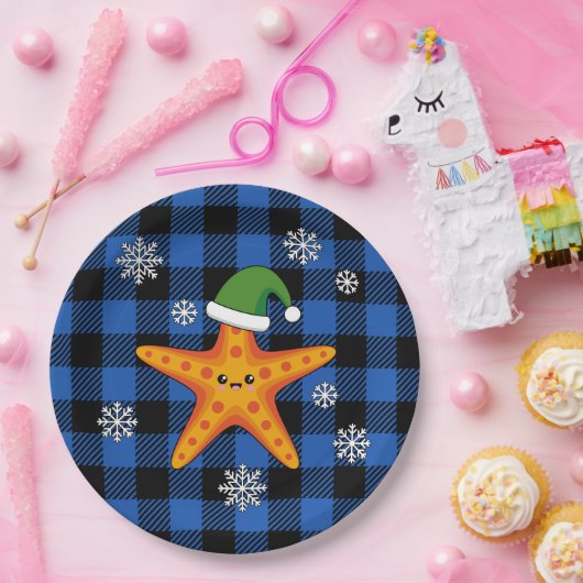 Kawaii Xmas Zeester op Blauw Buffel Patroon Papieren Bordje (Feest)