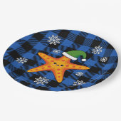 Kawaii Xmas Zeester op Blauw Buffel Patroon Papieren Bordje (Gekanteld)