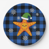 Kawaii Xmas Zeester op Blauw Buffel Patroon Papieren Bordje (Voorkant)