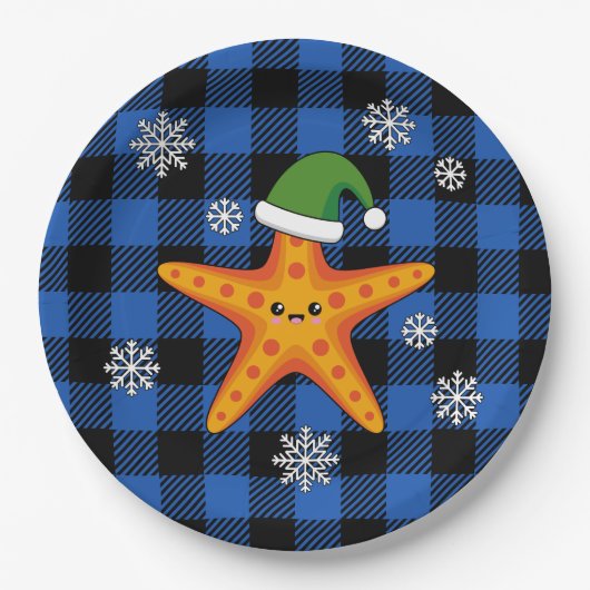 Kawaii Xmas Zeester op Blauw Buffel Patroon Papieren Bordje (Voorkant)