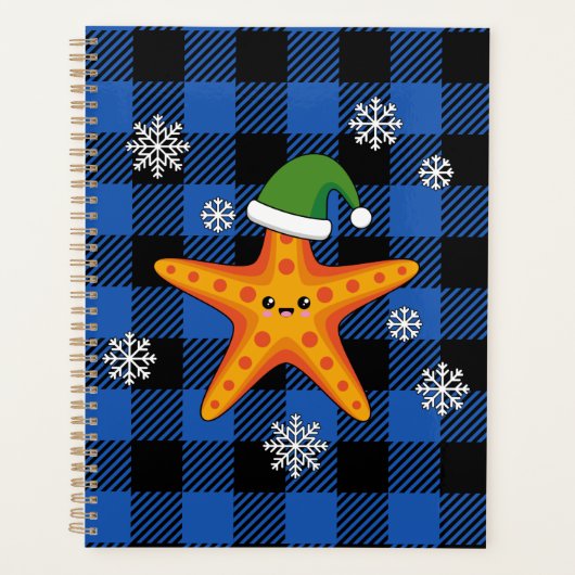 Kawaii Xmas Zeester op Blauw Buffel Patroon Planner (Voorkant)