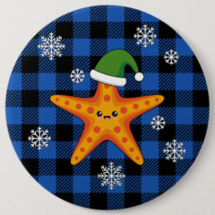 Kawaii Xmas Zeester op Blauw Buffel Patroon Ronde Button 6,0 Cm