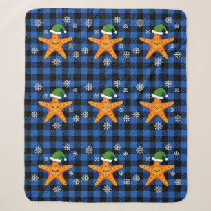 Kawaii Xmas Zeester op Blauw Buffel Patroon Sherpa Deken