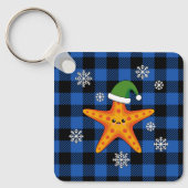 Kawaii Xmas Zeester op Blauw Buffel Patroon Sleutelhanger (Voorkant)