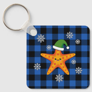 Kawaii Xmas Zeester op Blauw Buffel Patroon Sleutelhanger