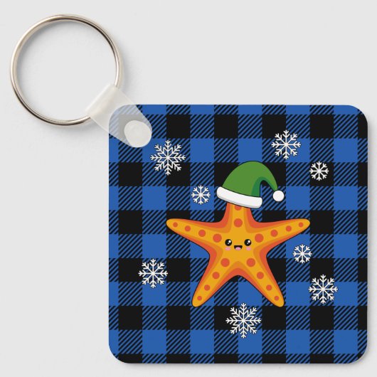 Kawaii Xmas Zeester op Blauw Buffel Patroon Sleutelhanger (Voorkant)