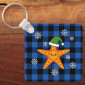 Kawaii Xmas Zeester op Blauw Buffel Patroon Sleutelhanger (Voorkant)