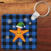 Kawaii Xmas Zeester op Blauw Buffel Patroon Sleutelhanger (Achterkant)