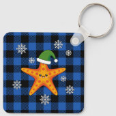 Kawaii Xmas Zeester op Blauw Buffel Patroon Sleutelhanger (Achterkant)