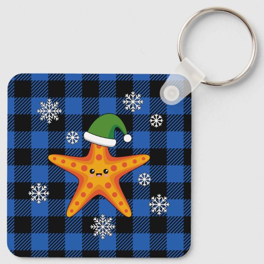 Kawaii Xmas Zeester op Blauw Buffel Patroon Sleutelhanger (Achterkant)