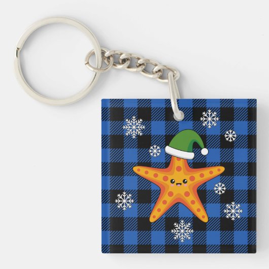 Kawaii Xmas Zeester op Blauw Buffel Patroon Sleutelhanger (voorkant)