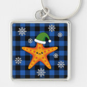 Kawaii Xmas Zeester op Blauw Buffel Patroon Sleutelhanger (Voorkant)
