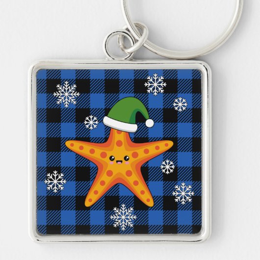 Kawaii Xmas Zeester op Blauw Buffel Patroon Sleutelhanger (Voorkant)