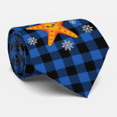 Kawaii Xmas Zeester op Blauw Buffel Patroon Stropdas (Opgerold)