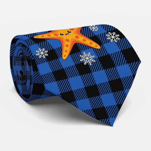 Kawaii Xmas Zeester op Blauw Buffel Patroon Stropdas (Opgerold)